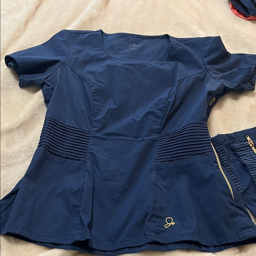 Jaanuu Navy Blue Scrub Set with Gold Accents